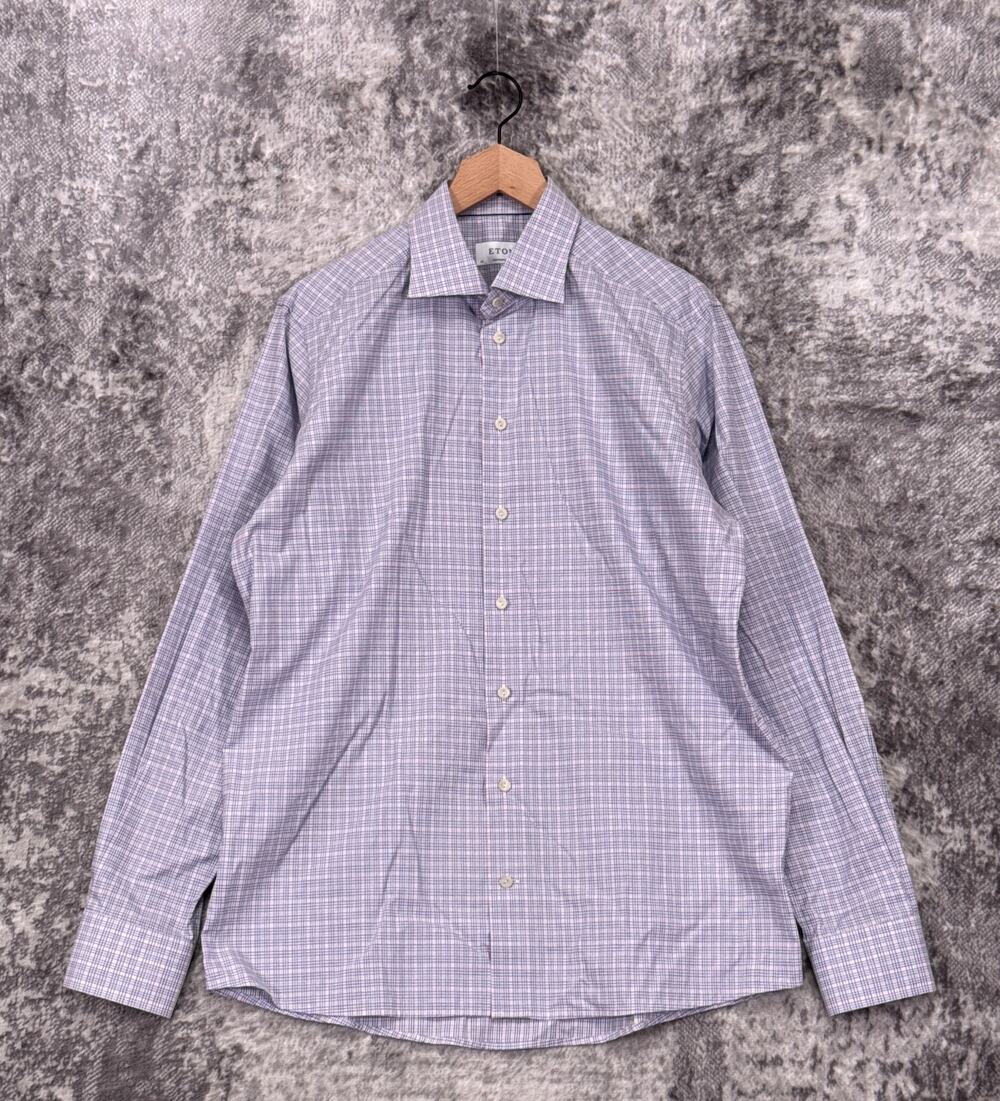 Eton Dress Shirt 16 Mens Contemporary Plaid Long Sleeve Button